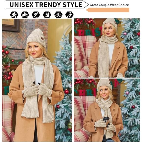 Women's Winter Knit Beanie, Scarf & Touchscreen Gloves Set- Unisex Warmth, Beige - Picture 5 of 7